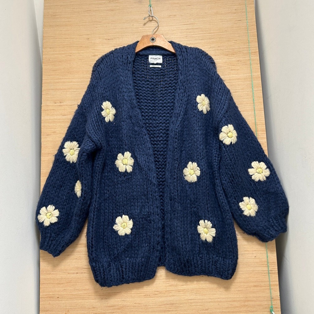 FRNCH Paris Navy Blue Daisy Floral Hand Knit Chunky Cardigan Sweater S/M